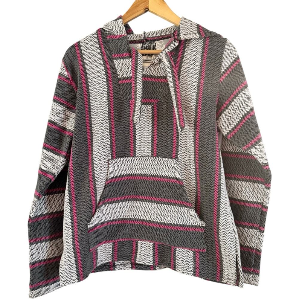 Original Senor Lopez Baja Hoodie Gray & Pink Pullover Size Medium Mexico Beach
